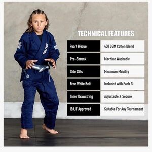 Elite jiu jitsu gi child size 1 Navy blue w/ white belt, like new